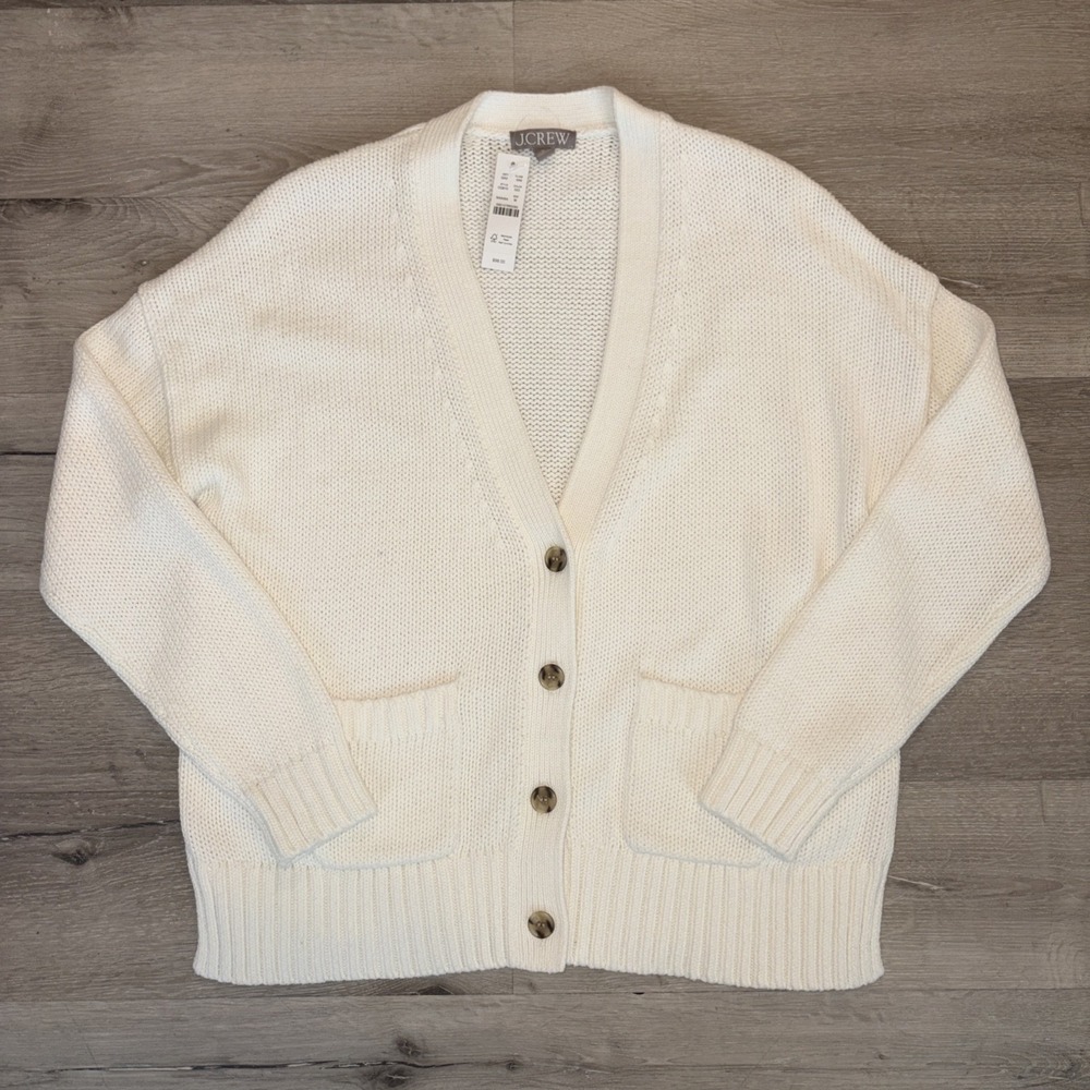 J Crew Knit Cardigan Four Button Heavy Sweater Woman's Medium White NWT - Picture 1 of 7